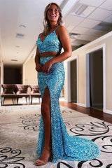 Mermaid Two Piece Orange Sequins Long Prom Formal Dress TP1149