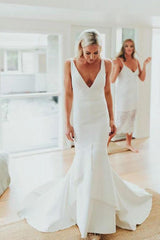 Mermaid V-Neck Backless Sweep Train Satin Charming Wedding Dress TN120