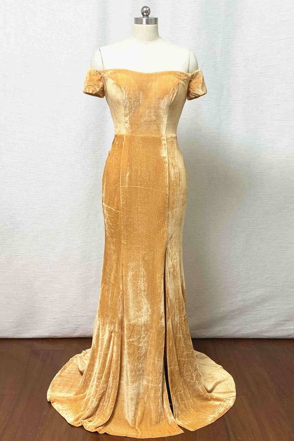 Mermaid Velvet Bridesmaid Dress Off Shoulder Gold Wedding Formal Dress