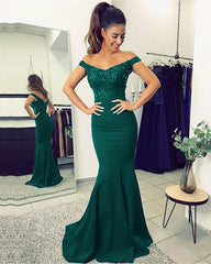 Mermaid V Neck Dresses Off Shoulder Appliques Train