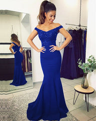 Mermaid V Neck Dresses Off Shoulder Appliques Train