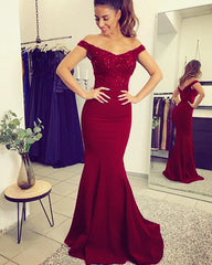 Mermaid V Neck Dresses Off Shoulder Appliques Train
