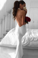 Mermaid Halter White Sweep Backless Prom Dress with Pleats TP0086