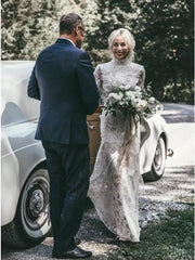 Mermaid High Neck Backless Long Sleeves Boho Lace Wedding Dress TN147