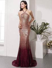 Mermaid Long Prom Dresses Halter Sweep Train Evening Party Dresses TP0963