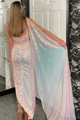 Mermaid Sparkly One Shoulder Sequined Appliques Pink Prom Dress TP1372