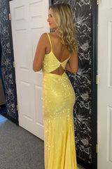 Mermaid Sparkly Yellow Spaghetti Straps Beaded Long Prom Dress TP1374