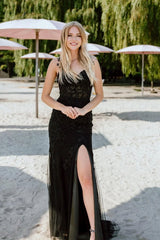 Mermaid Straps Lace Appliques Black Long Prom Dress with Slit TP1355
