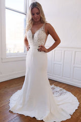 Mermaid V Neck Long Lace White Prom Dress, V Neck Mermaid Lace White Formal Graduation Evening Dress