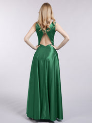 Open Back Long Satin Gown with V-neck-Dark Green