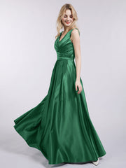 Open Back Long Satin Gown with V-neck-Dark Green
