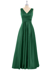 Open Back Long Satin Gown with V-neck-Dark Green
