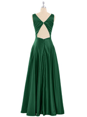 Open Back Long Satin Gown with V-neck-Dark Green