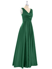 Open Back Long Satin Gown with V-neck-Dark Green