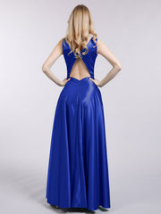 Open Back Long Satin Gown with V-neck-Royal Blue