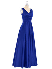 Open Back Long Satin Gown with V-neck-Royal Blue