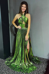Metallic Halter A-Line Pleated Long Prom Dress