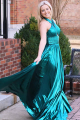 Metallic Halter A-Line Pleated Long Prom Dress