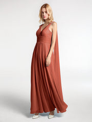 V-neck Chiffon Gown with Streamer at Back Strap-Rust