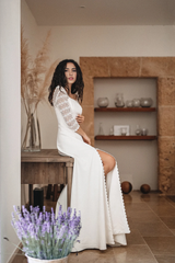 Minimalist And Modest Wedding Dress Square Neckline Simple Open Back Bridal Gown Floral Macrame Rustic Wedding With Slit