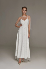 Minimalist Beaded Wedding Dress Beach Bridal Gown Spaghetti Straps Backless Wedding Dress White Evening Dress Bridal Wedding Party Dress Prom Dress