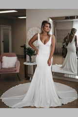 Minimalist Sexy Mermaid Backless Deep V Neck Satin Beach Wedding Dresses With Train