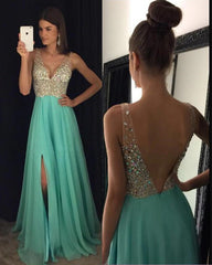 Deep V Neck Crystal Beaded Long Chiffon Prom Evening Dresses