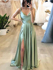 Mint Green Satin Long Prom Dresses, Mint Green Long Formal Graduation Dresses