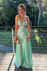 Mint Green Spaghetti Straps Column Satin Long Prom Dress