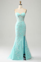 Mermaid Grey Blue Sweetheart Corset Appliques Prom Dress With Side Slit Off Shoulder