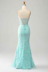 Mermaid Grey Blue Sweetheart Corset Appliques Prom Dress With Side Slit Off Shoulder