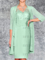 Two Piece Ruffle Chiffon Mother of the Bride Outfit Lace Short Wedding Guest Dress