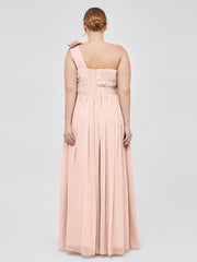 One Shoulder Chiffon Dress with Flowers Strap-Pearl Pink