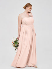 One Shoulder Chiffon Dress with Flowers Strap-Pearl Pink