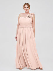 One Shoulder Chiffon Dress with Flowers Strap-Pearl Pink