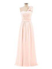 One Shoulder Chiffon Dress with Flowers Strap-Pearl Pink