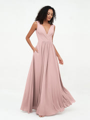 V-neck Chiffon Long Dresses with Pocktes-Dusty Rose