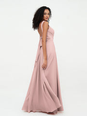 V-neck Chiffon Long Dresses with Pocktes-Dusty Rose