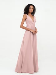 V-neck Chiffon Long Dresses with Pocktes-Dusty Rose