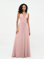 V-neck Chiffon Long Dresses with Pocktes-Dusty Rose