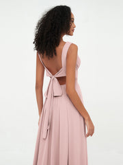 V-neck Chiffon Long Dresses with Pocktes-Dusty Rose