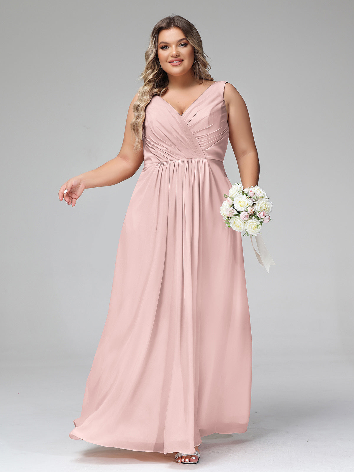 V-neck Chiffon Long Dresses with Pocktes-Dusty Rose