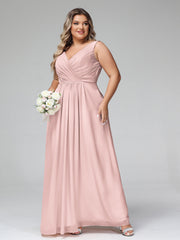 V-neck Chiffon Long Dresses with Pocktes-Dusty Rose