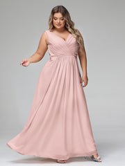 V-neck Chiffon Long Dresses with Pocktes-Dusty Rose