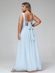 V-neck Chiffon Long Dresses with Pocktes-Sky Blue