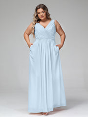 V-neck Chiffon Long Dresses with Pocktes-Sky Blue