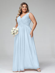 V-neck Chiffon Long Dresses with Pocktes-Sky Blue