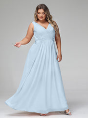 V-neck Chiffon Long Dresses with Pocktes-Sky Blue