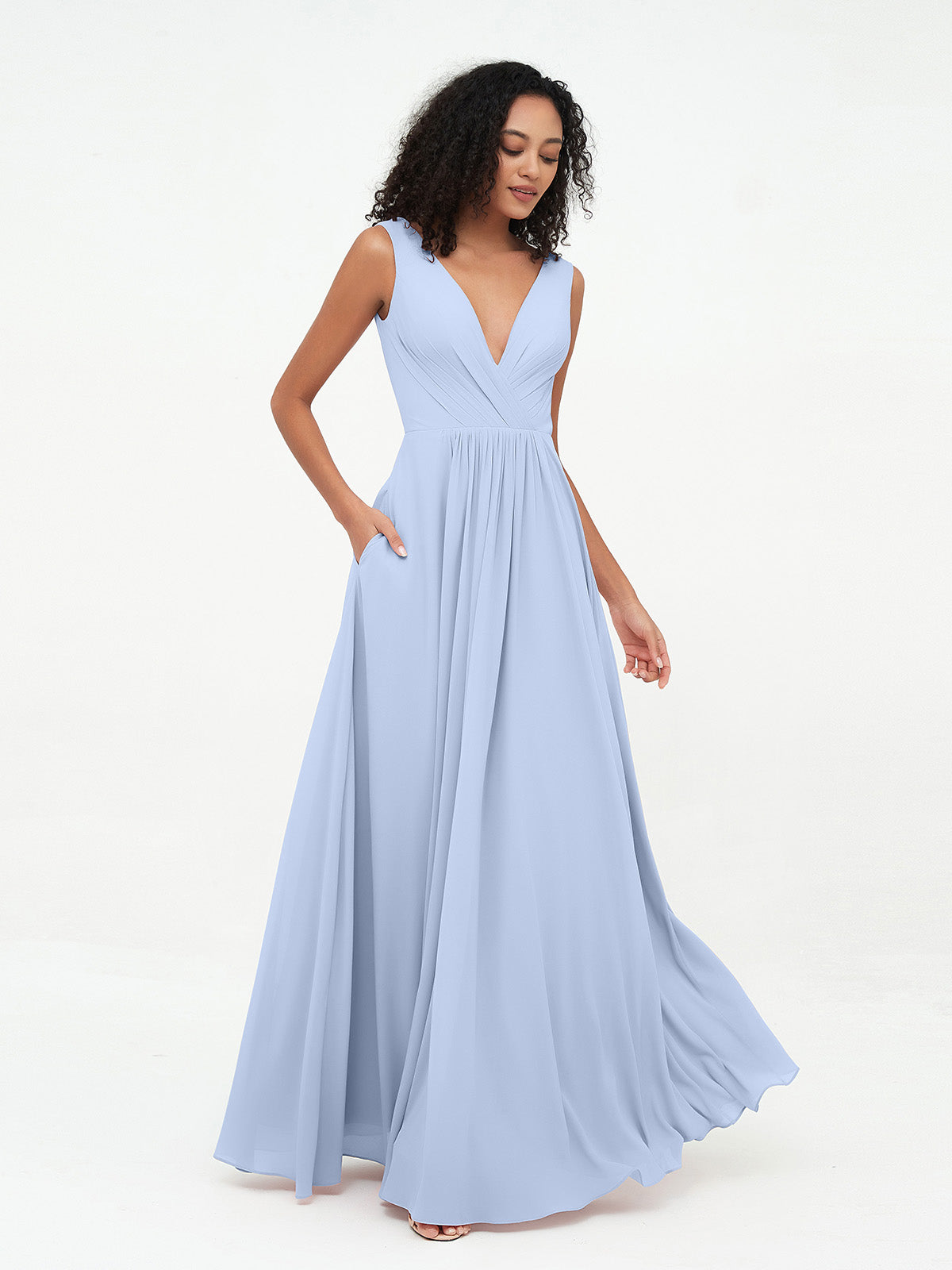V-neck Chiffon Long Dresses with Pocktes-Sky Blue