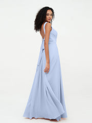 V-neck Chiffon Long Dresses with Pocktes-Sky Blue